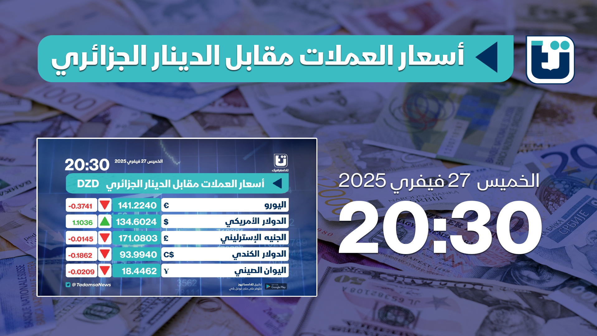أسعار الصرف لأهم العملات مقابل الدينار الجزائري | الخميس 27 فيفري 2025 | 20:30 